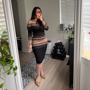Fashion Nova Black and Tan Off-Shoulder Dress